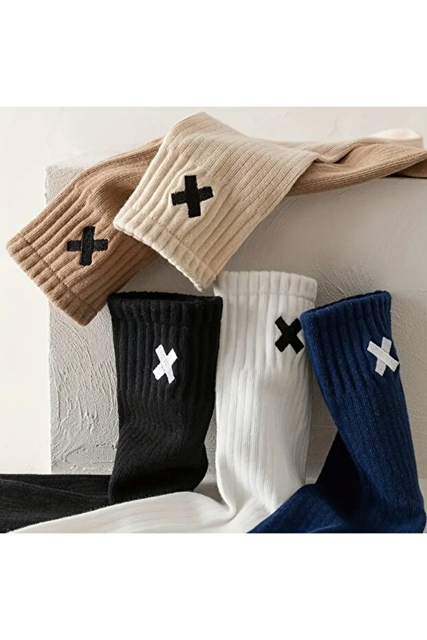 5 Pairs Cross Printed College Length Tennis Socks