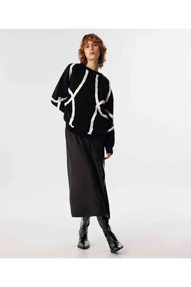 KONTRAST ŞERİTLİ MİDİ ELBİSE - 2