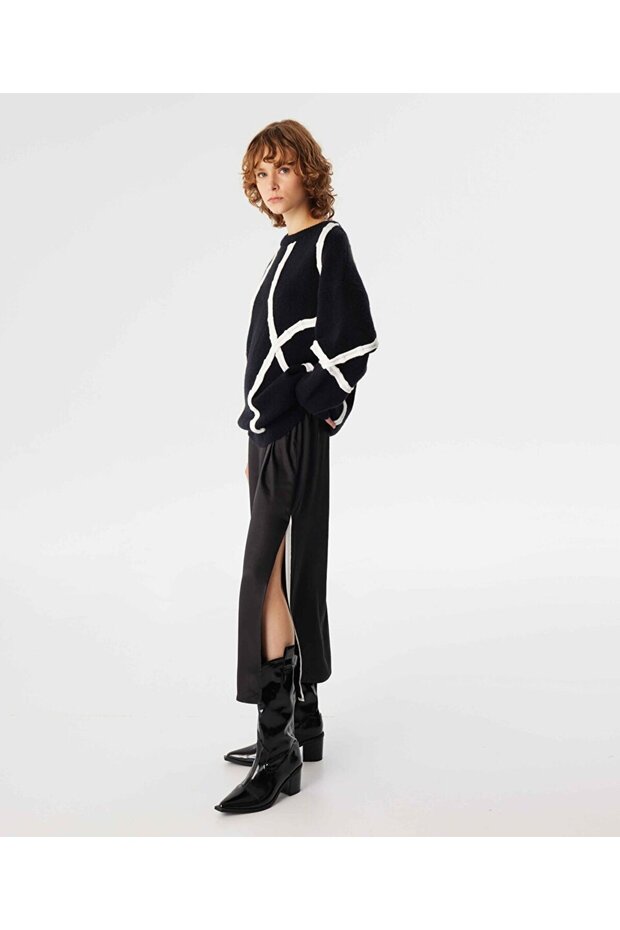 KONTRAST ŞERİTLİ MİDİ ELBİSE - 5