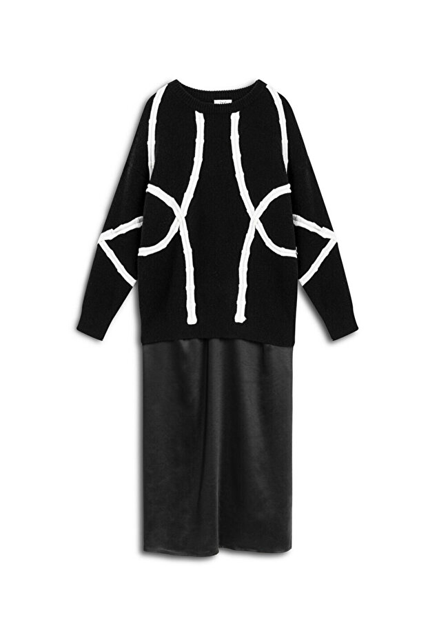 KONTRAST ŞERİTLİ MİDİ ELBİSE - 3