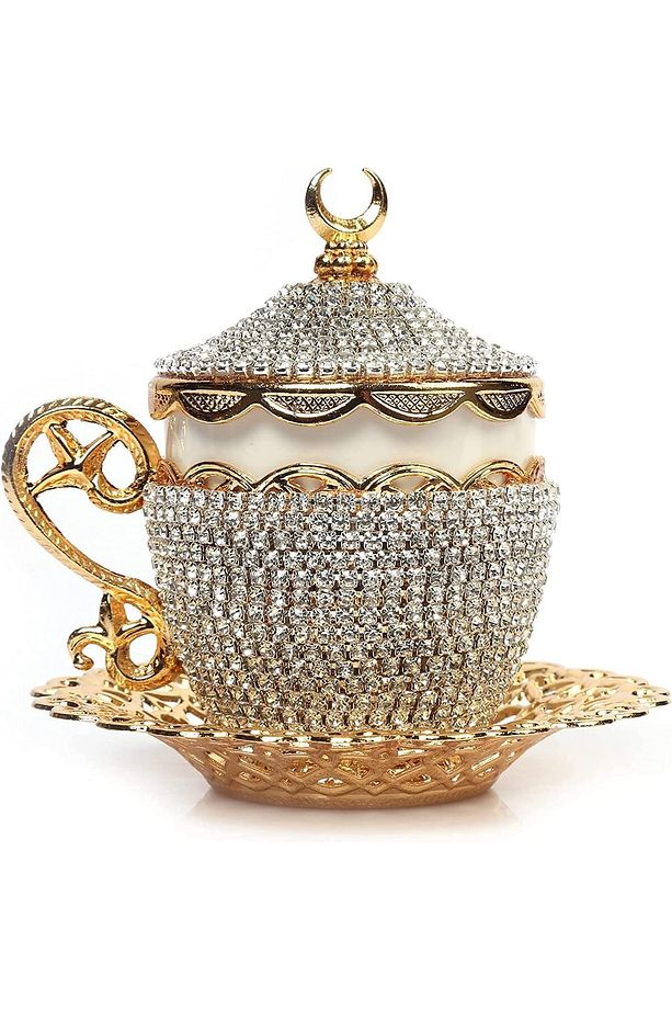 Kahve Fincanı Türk Arap Kahvesi Espresso Fincan Tabağı Taşlı Kristal Set 1 Adet El Yapımı Bakır - 4