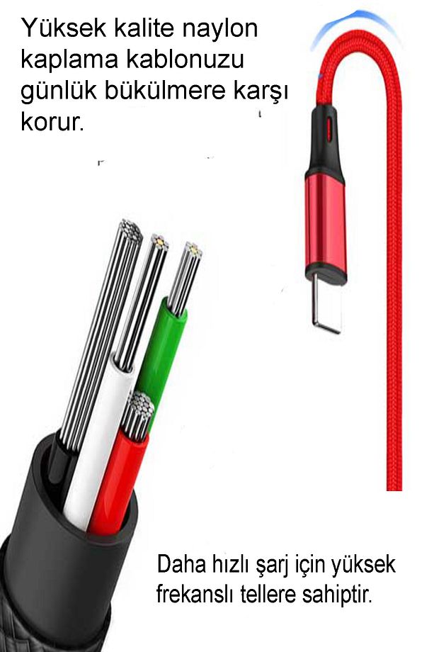 3 in 1 Çoklu 2Amper Type-C Micro Lightning 120 cm Hızlı Şarj ve Data Kablosu - 8