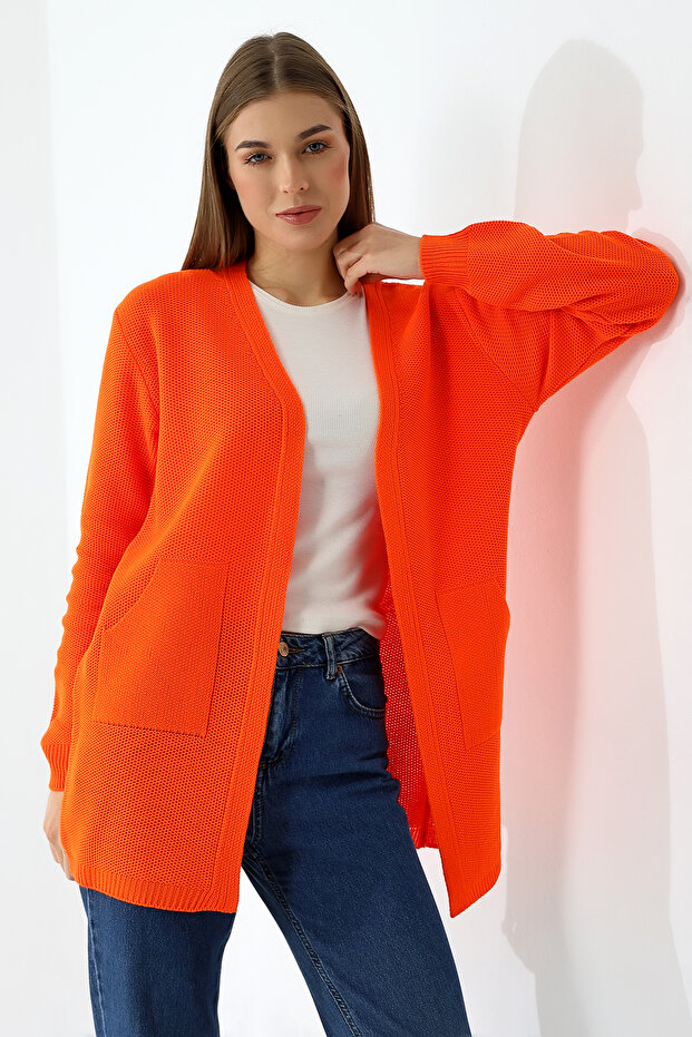 Kadın Turuncu Kanguru Cep Triko Hırka - 2