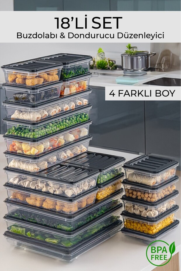 18 Parça Saklama Kabı , Mikrodalga Uyumlu Saklama Kabı 2x2400Ml 4x1200Ml 4x1170Ml 8x600Ml Antrasit - 1