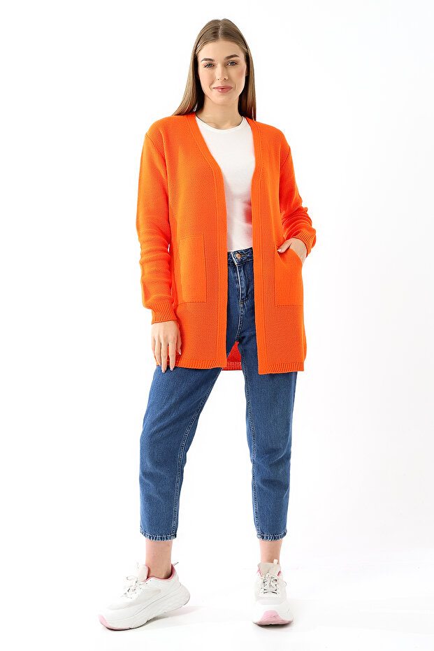 Kadın Turuncu Kanguru Cep Triko Hırka - 4