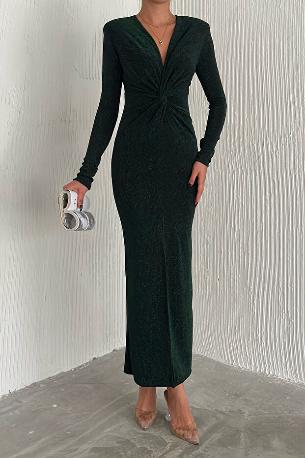 Kruvaze Yaka Önü Büzgülü Yırtmaç Detaylı Uzun Gece Elbisesi - 6