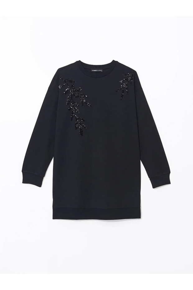 LCWAIKIKI Basic Siyah Bisiklet Yaka Pul İşlemeli Oversize Kadın Sweatshirt Tunik - 4
