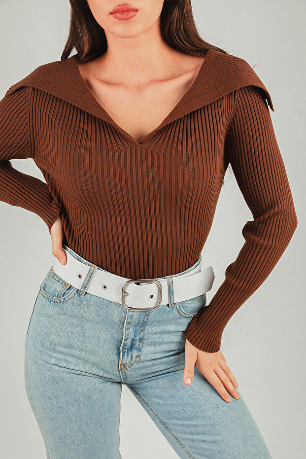 Brown Women's Turn-Down Collar Ribbed Lycra Knitwear Blouse
