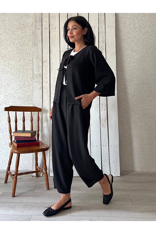 طقم بلوزة من الكتان الأسود (PANT-BLUZ)