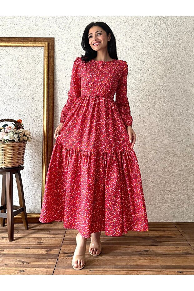 Modest Red Floral Print Tiered Poplin Dress