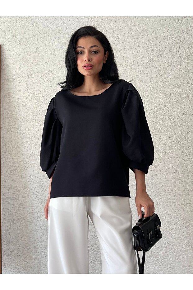 Black Crepe Balloon Sleeve Crew Neck Blouse