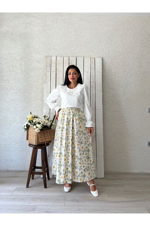 Gri Açelya Çiçeği Kloş Poplin Etek - 2