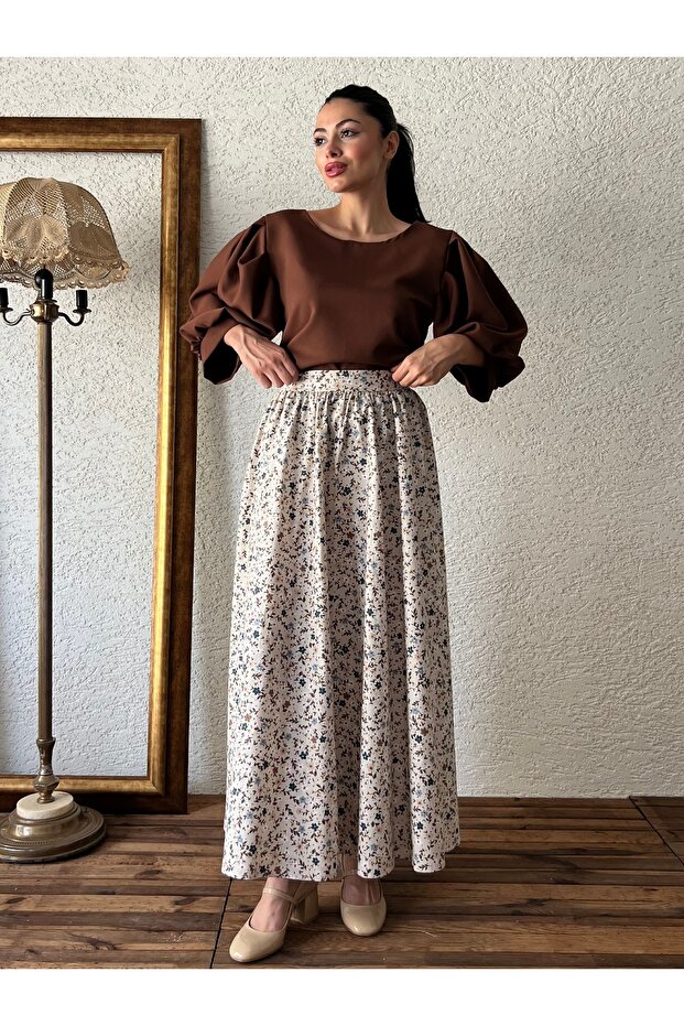 Gray Brown Floral Flared Poplin Skirt