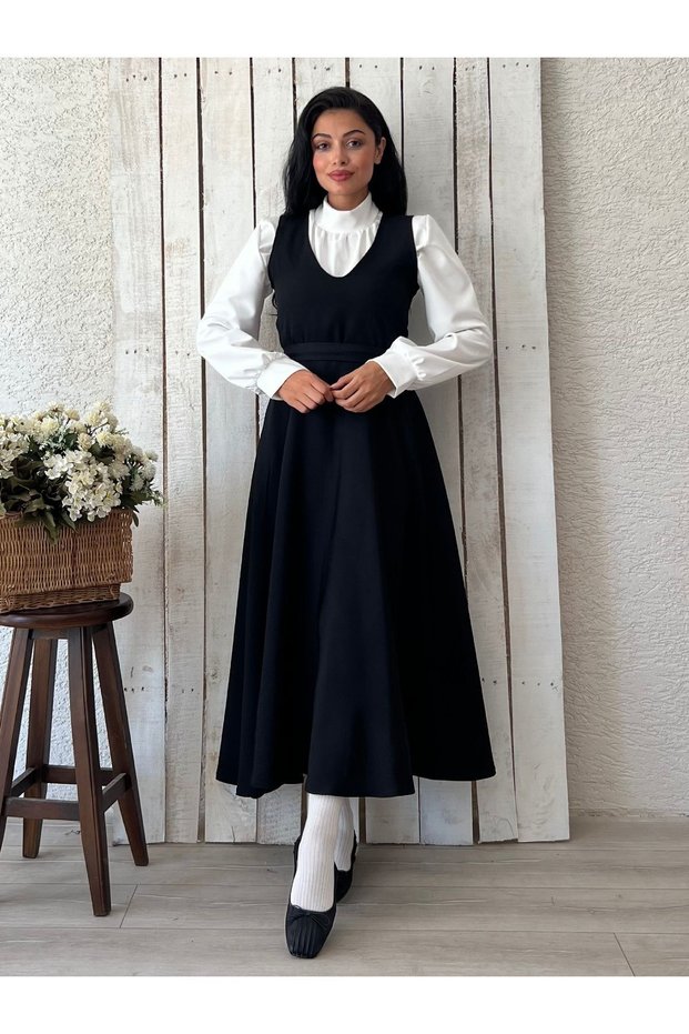 Long Black V-Collar Gilet Dress-White Drawstring Blouse Suit (Gilet-Bluz)