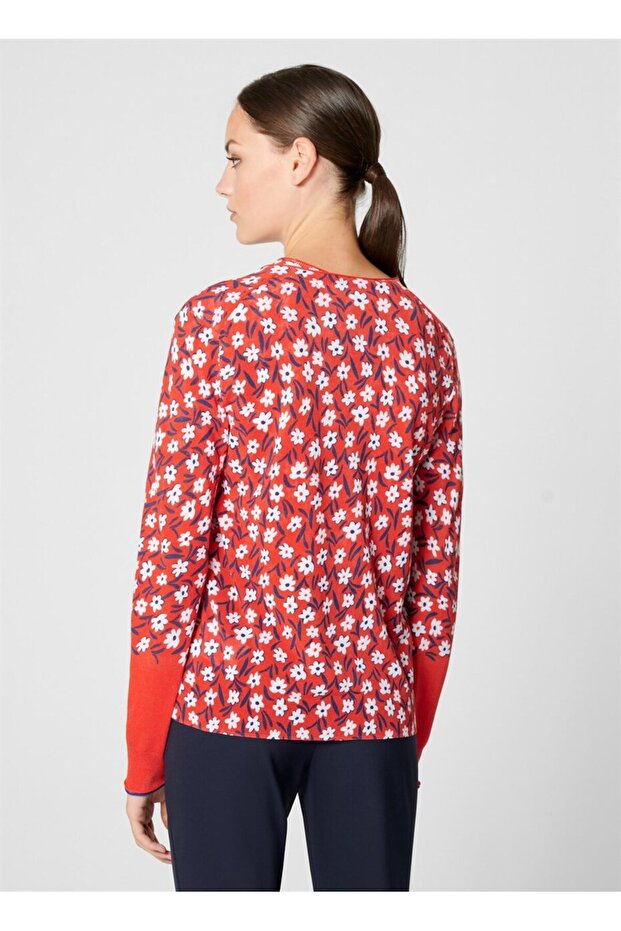 Çiçek Desenli Düğmeli Kırmızı Pamuklu Merserize Hırka - 4