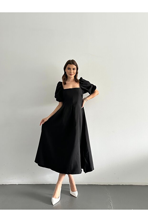 Short Balloon Sleeve Square Neck Pleated Long Dress