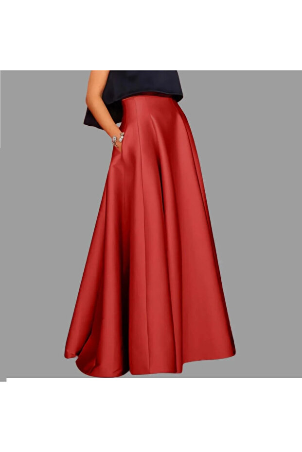 Women's Red High Waist Maxi Long A-line Pleated Satin Skirt with Pockets