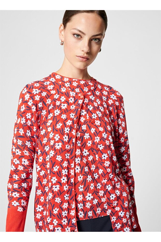 Çiçek Desenli Düğmeli Kırmızı Pamuklu Merserize Hırka - 3