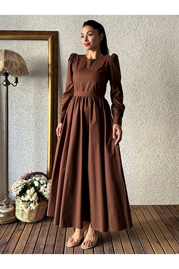 Hijab Brown Flared Poplin Dress