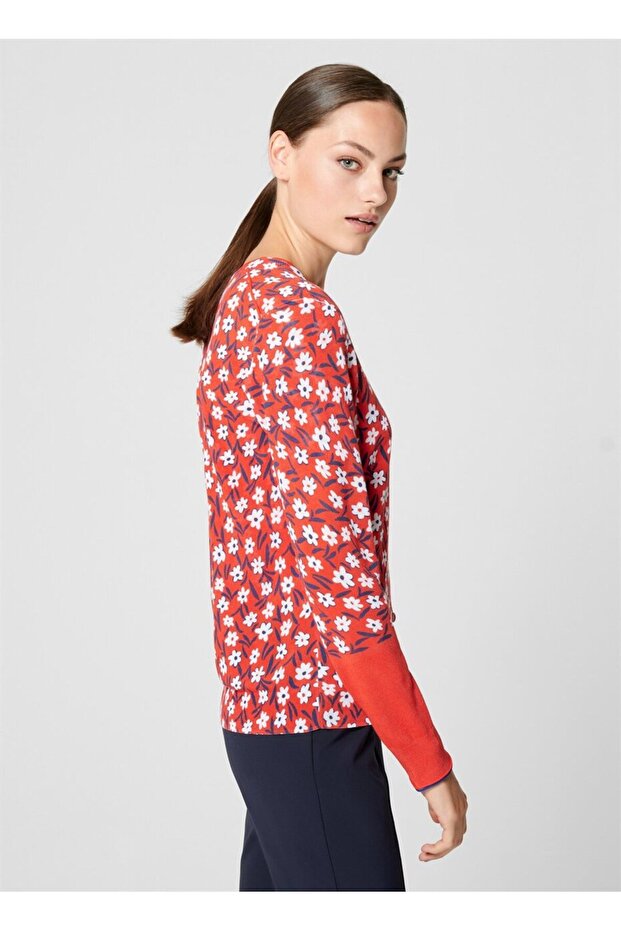 Çiçek Desenli Düğmeli Kırmızı Pamuklu Merserize Hırka - 2