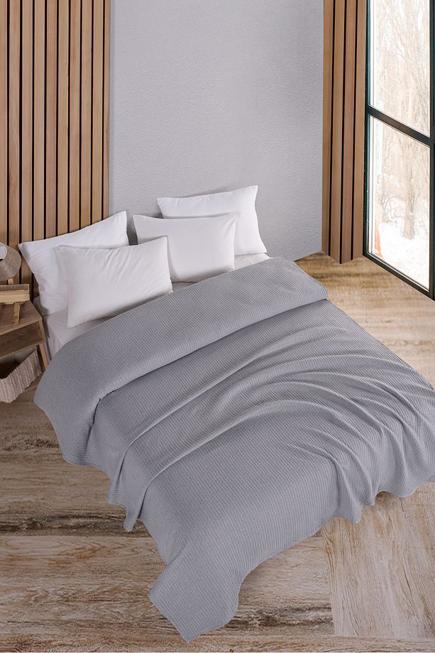 Pamuklu Maya Pike Yatak Örtüsü Tek Kişilik Gri 160x230 Cm - 1