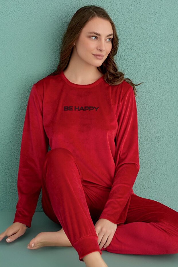 Women's Long Sleeve Velvet Red Pajamas Set C1T3N1O65-10
