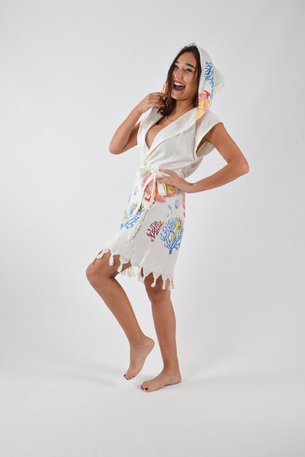 Hooded Pareo Belted Beachwear Peshtemal Mixed Coral Print Beachwear 1 Piece