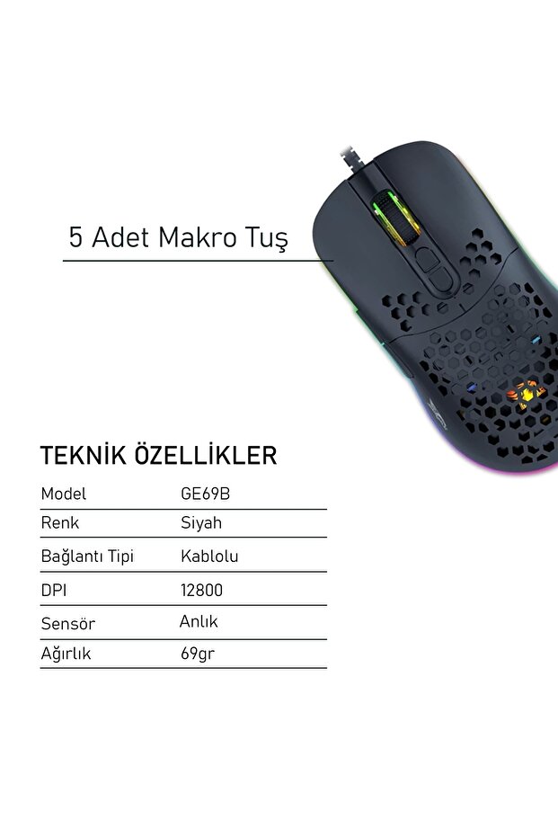 GE69B Ultra Hafif Kablolu RGB Oyuncu Optik Mouse (Siyah) - 4