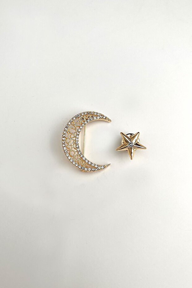 Altın Sarısı Taşlı Ay Yıldız Broş (4 CM) - 2