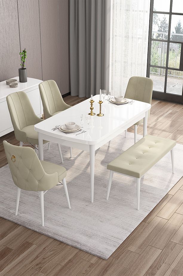 Are Serisi Mdf 80x132 Açılabilir Beyaz Masa Takımı 4 Krem Sandalye Ve 1 Bench - 1