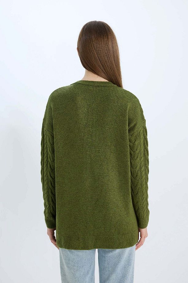 Regular Fit Bisiklet Yaka Saç Örgü Desenli Triko Kazak Tunik B4284AX24WN - 6