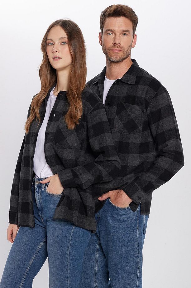 Unisex Relax Fit Rahat Kesim Oduncu Apaş Yaka Tek Cep Kareli Kışlık Gömlek - 3