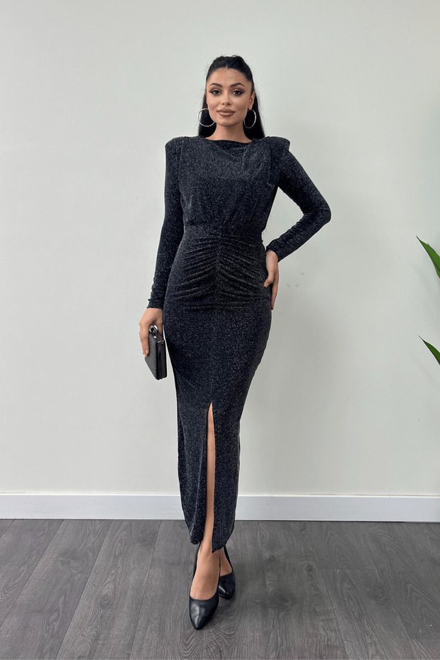 Jersey Sequined Fabric Drawstring Detail Pencil Dress - Silver