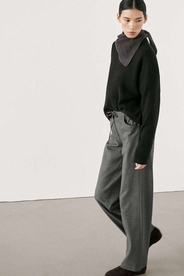 Bağcıklı straight fit flanel pantolon - 5