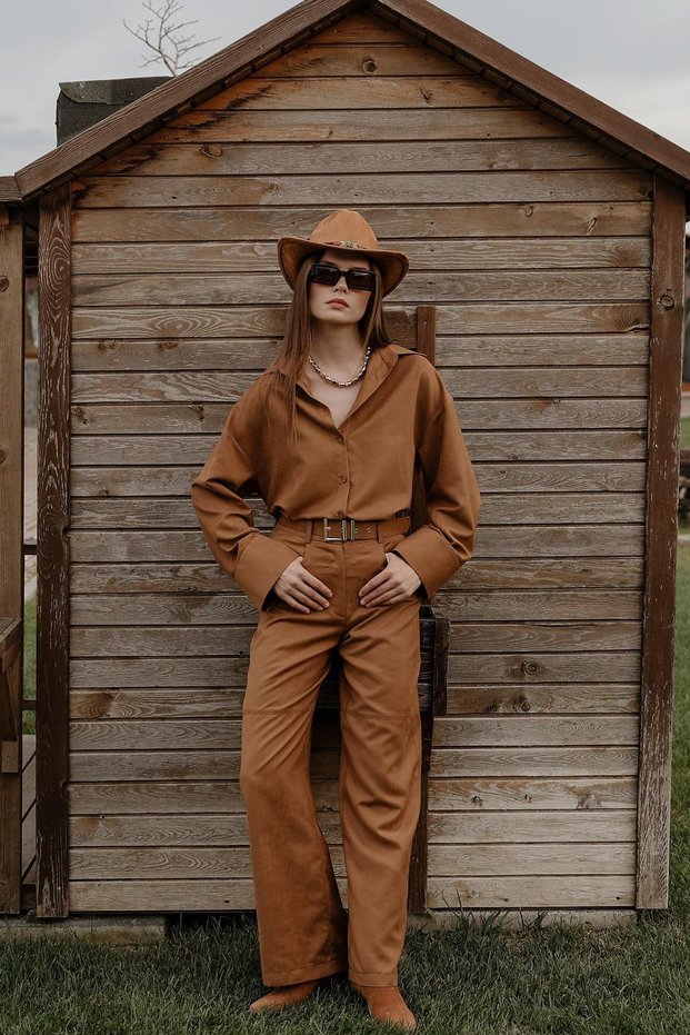 Pinterest Equivalent Nubuck Fabric Belt Palazzo Pants Oversize Cut Shirt Sewing Detail Suede Suit