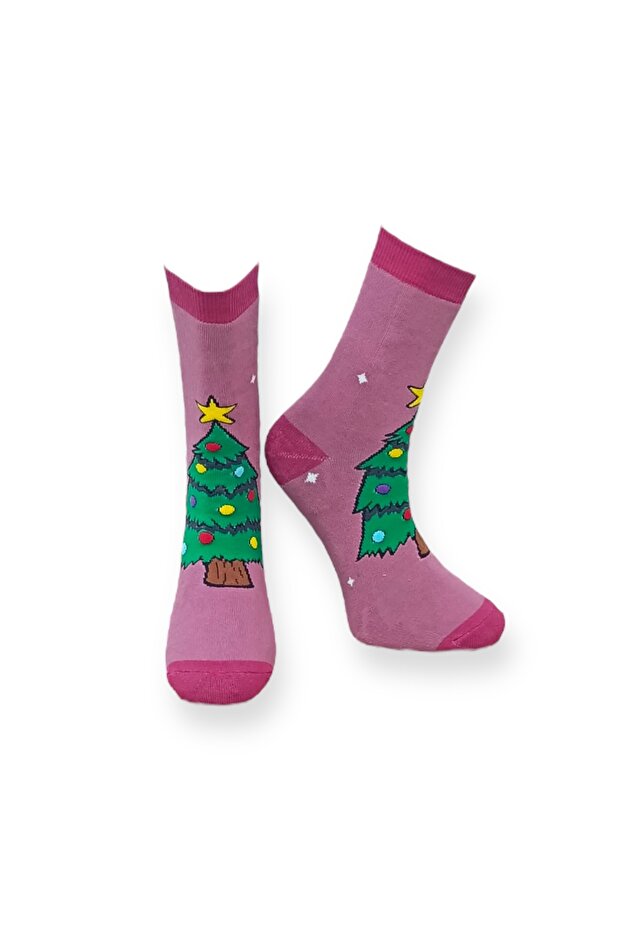 Tekli Pembe Renkli Unisex Esnek Nem Alabilen Pamuklu Christmas Desenli Havlu Çorap - 1