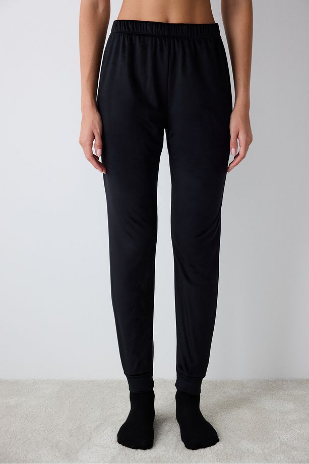Black Fuzzy Solid Siyah Pantolon Pijama Altı - 3