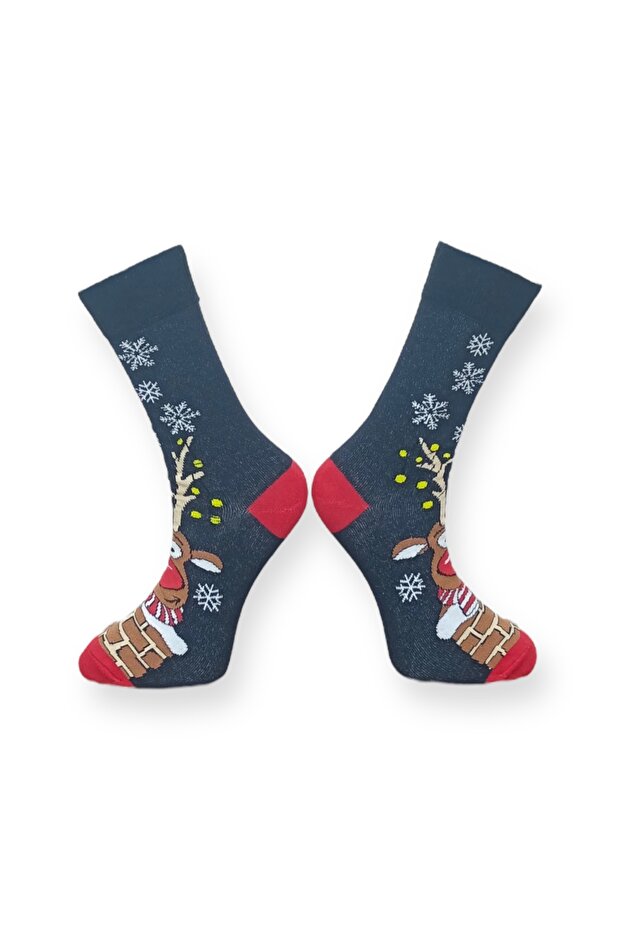 Tekli Lacivert Renkli Unisex Esnek Nem Alabilen Pamuklu Christmas Geyik Desenli Çorap - 2