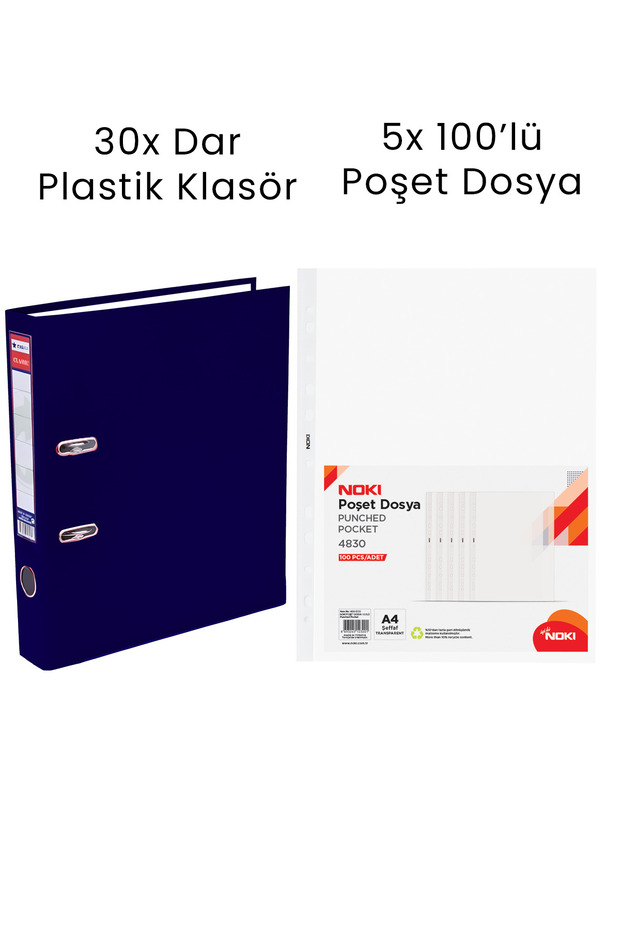 30 Adet Dar Klasör 5 Adet Noki 100'lü Poşet Dosya Ofis Seti - 1
