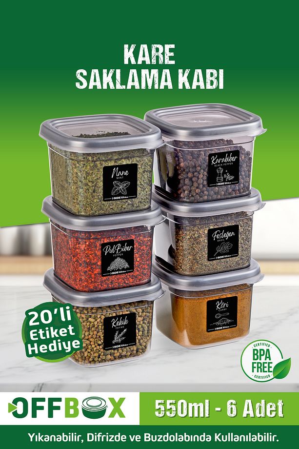 6 Lı 12 Parça 550 Ml. Kare Erzak Saklama Kutusu Baharatlık Seti 20 Etiket Hediyeli - 1