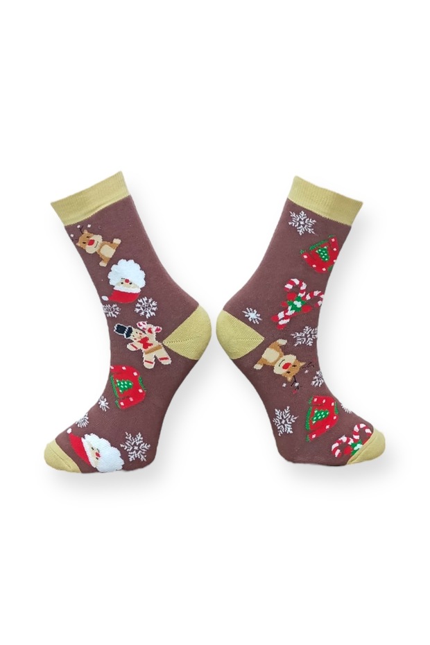 Tekli Kahverengi Renkli Unisex Esnek Nem Alabilen Pamuklu Christmas Desenli Havlu Çorap - 2