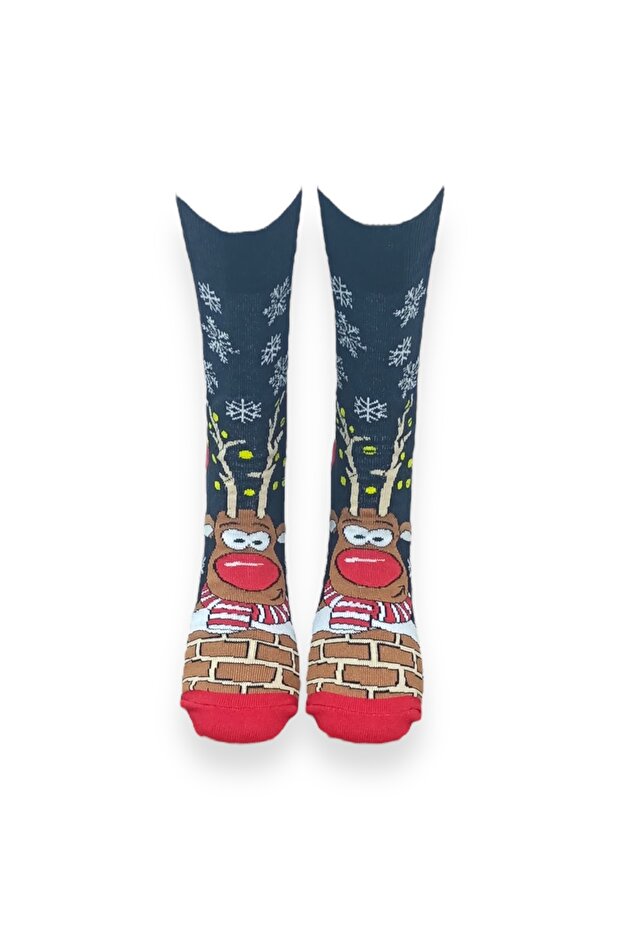 Tekli Lacivert Renkli Unisex Esnek Nem Alabilen Pamuklu Christmas Geyik Desenli Çorap - 3
