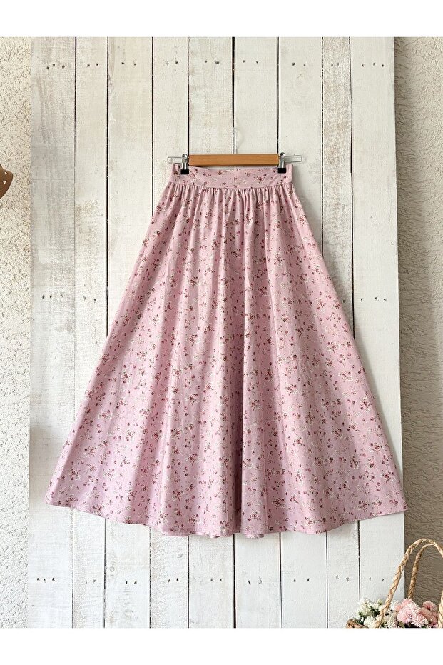 Pink-Burgundy Floral Flared Poplin Skirt