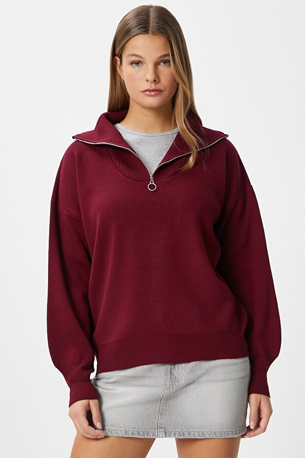 Kadın Bruno Basic Fermuarlı Bordo Kazak - 1