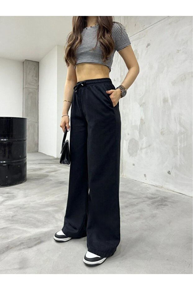 Women's Linen Waist with Rubber Tie-Up High Waist Loose Fit Pants