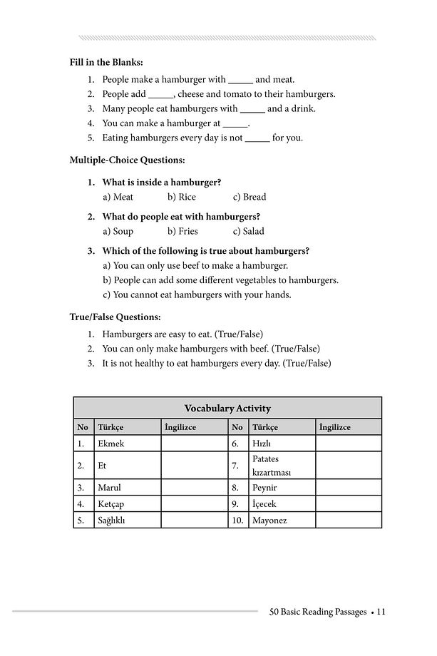50 Basic Reading Passages / Aksen Kahraman / İkinci Adam Yayınları / 9786253735586 - 4