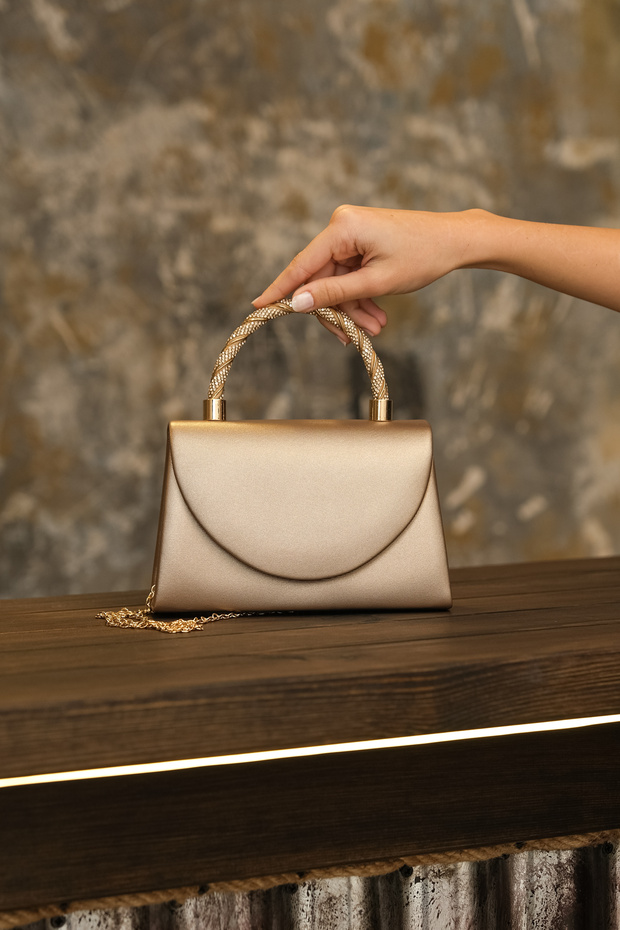 Women's Gold Fabric Evening Dress Stone Detailed Handle Chain Strap Evening Bag