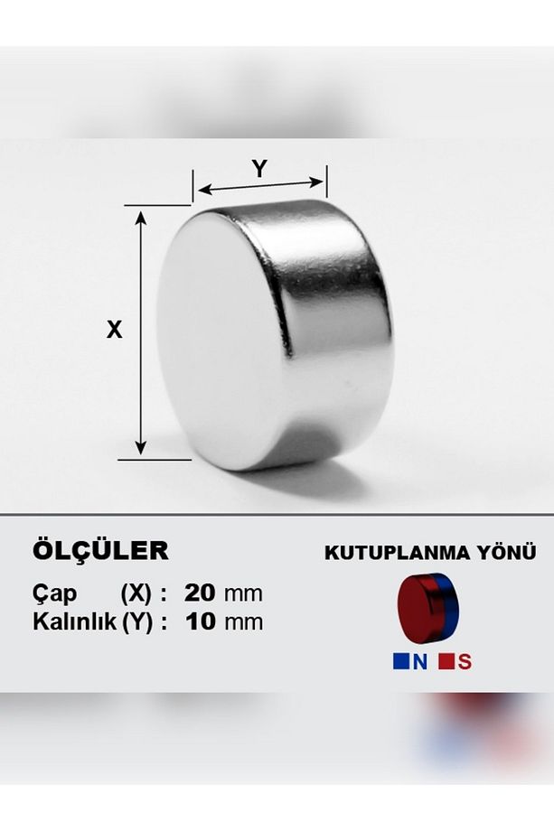 1 Adet Neodyum Mıknatıs Çap 20 Mm Kalınlık 10 Mm D 20 X 10 Mm Çok Güçlü Yuvarlak Mıknatıs - 1