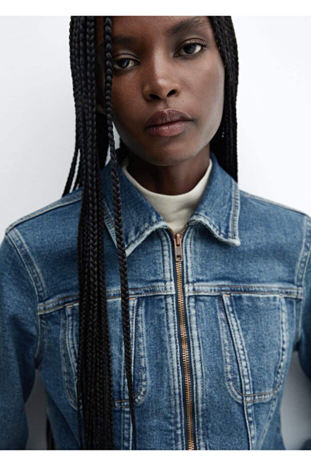 Kürk Yakalı Denim Ceket - 7