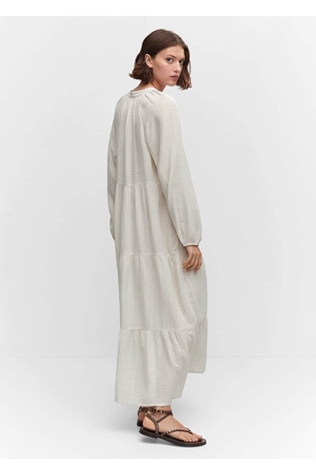 V Yakalı Pamuklu Maksi Elbise - 4